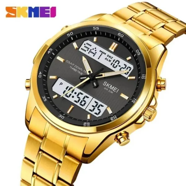 SKMEI 2049 Fashion Dual Display Multifunction Date Week Display Stainless Steel Watch For Men - White/Golden