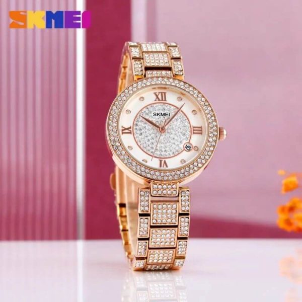 SKMEI 1739 Women's Fashion Iced Diamond Roman Numeral Index Date Display Quartz Stainless Steel Watch - RoseGold - Image 2