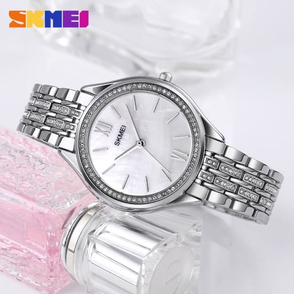 SKMEI 1970 Women's Elegant Fashion Innovative Crystal Diamond Surrounded Stainless Steel Quartz Watch - Silver - Image 2