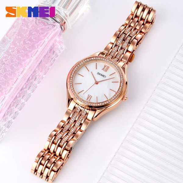 SKMEI 1970 Women's Elegant Fashion Innovative Crystal Diamond Surrounded Stainless Steel Quartz Watch - Rosegold - Image 2