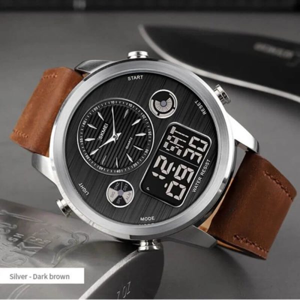 SKMEI 1653 Men's World Time Dual Display Movement LED Electronic Multifunction Leather Strap Watch - Brown/Silver - Image 2