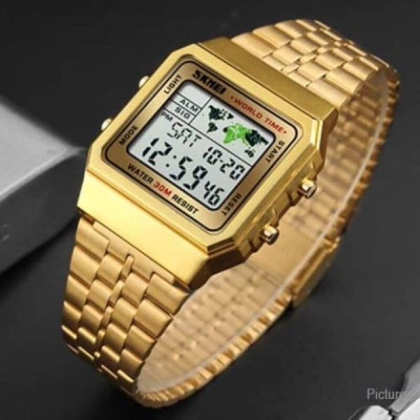 SKMEI 1338 Men's Stainless Steel Countdown Time Zone Waterproof LED Electronic Digital Watch - Golden - Image 2