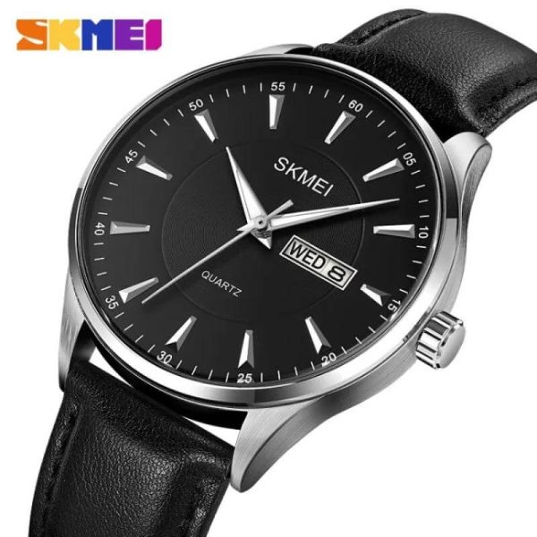 SKMEI 2075 Simple Elegant Quartz Date Day Display Leather Strap Watch For Men - Silver/Black