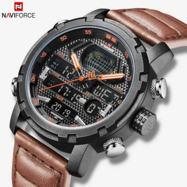 NaviForce NF9160 Double Time Digital Analog Watch - Orange/Brown