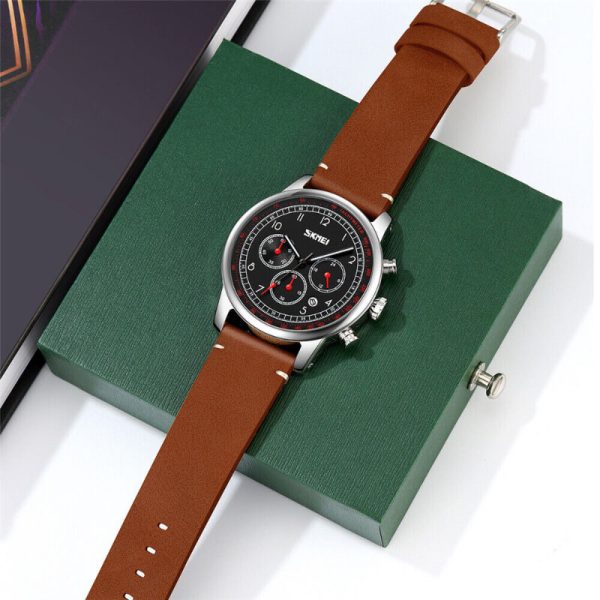 SKMEI 9318 Men's Casual Multifunction Tachymeter Leather Strap Luminous Watch - Black/Brown - Image 2