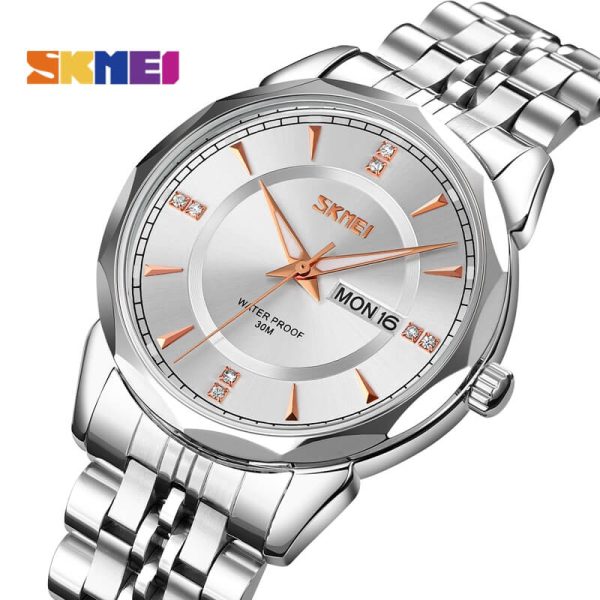 SKMEI 9268 Luxury Fashionable Day Date Function Geometric Cutting Round Dial Stainless Steel Watch For Men - Silver