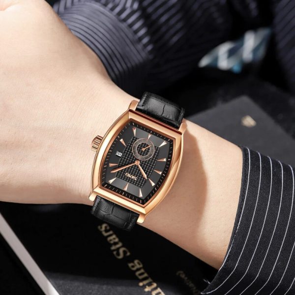 SKMEI 9306 Men's Luxury Business Slim Square Dial With Date Display Leather Strap Watch - Black/Rosegold - Image 2