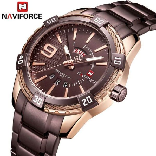 NaviForce NF9117 Day Date Function Luxury Stainless Steel Watch - Coffee