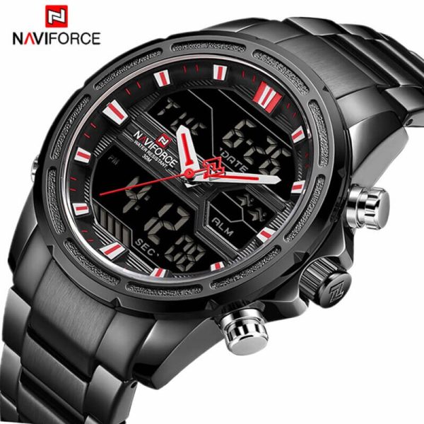 NAVIFORCE NF9138 Digital Analog Dual Movement Stainless Steel Watch-Red/Black