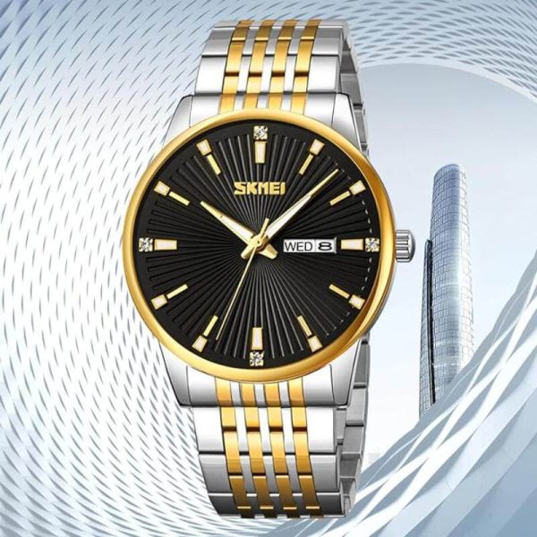 SKMEI 9323 Men's Texture With Fashion Day Date Display Quartz Stainless Steel Watch - Black/Golden - Image 3