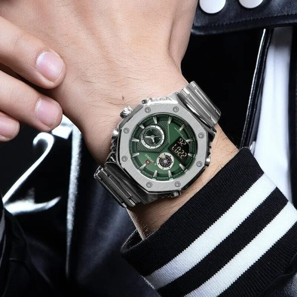 NAVIFORCE NF9216 Fashion Geometric Bezel LCD Digital Analog Stainless Steel Watch For Men - Green/Silver - Image 2