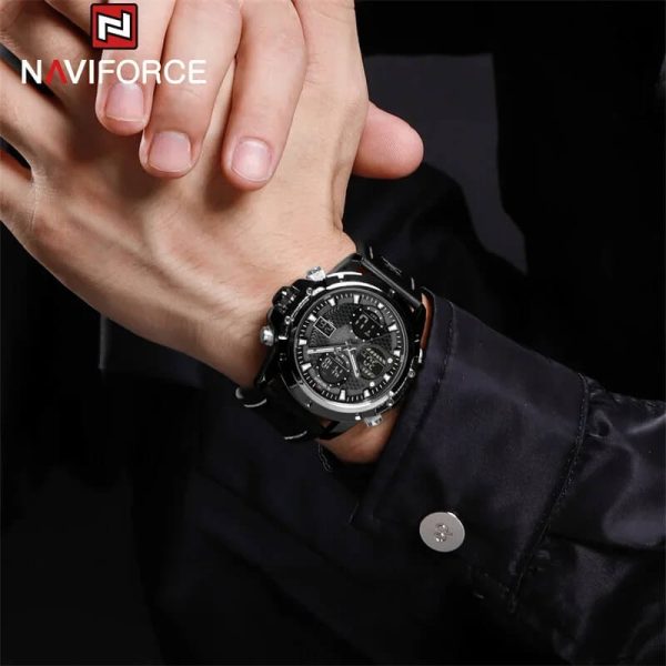 NaviForce NF9225 Men's Fashion Double Display Multifunction Luminous Leather Strap Watch - Black - Image 2