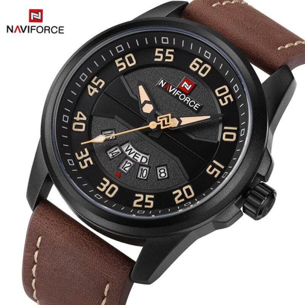 NaviForce NF9124 Day Date Function Analog Watch for Men – Black/Brown