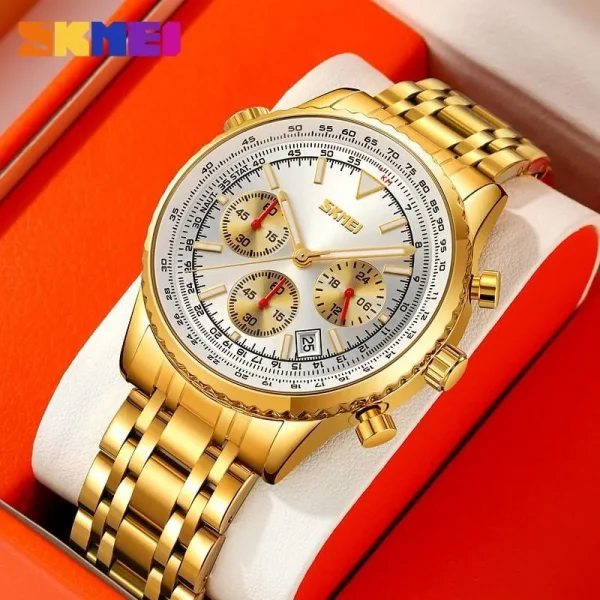 SKMEI 9333 Men's Business Classic Multifunction Luminous Stainless Steel Date Display Watch - White/Golden - Image 2