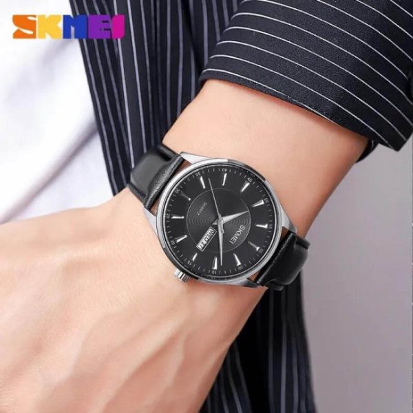 SKMEI 2075 Simple Elegant Quartz Date Day Display Leather Strap Watch For Men - Silver/Black - Image 2