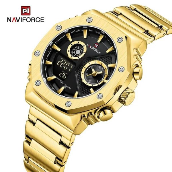 NAVIFORCE NF9216 Fashion Geometric Bezel LCD Digital Analog Stainless Steel Watch For Men - Black/Golden