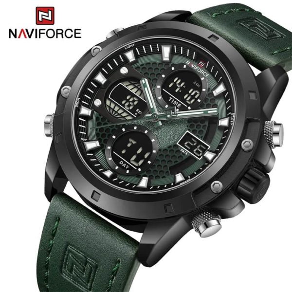 NaviForce NF9225 Men's Fashion Double Display Multifunction Luminous Leather Strap Watch - Green