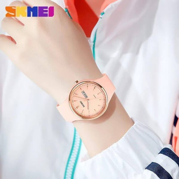 SKMEI 1747 Women's Top Luxury Round Dial Date Day Display Silicon Strap Quartz Moment Watch - Pink - Image 3