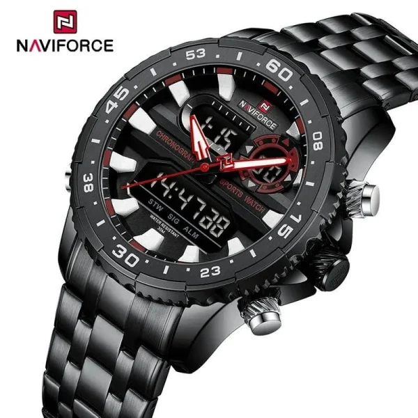 NaviForce NF9234 Multifunction Dual Display Complete Calendar Stainless Steel Watch For Men - Black/REd