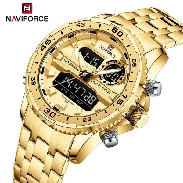 NaviForce NF9234 Multifunction Dual Display Complete Calendar Stainless Steel Watch For Men - Golden