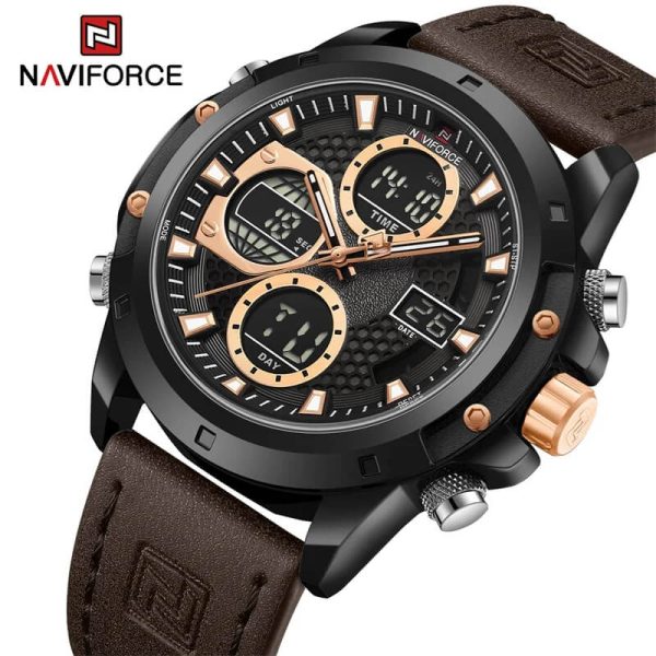 NaviForce NF9225 Men's Fashion Double Display Multifunction Luminous Leather Strap Watch - Rosegold/Brown