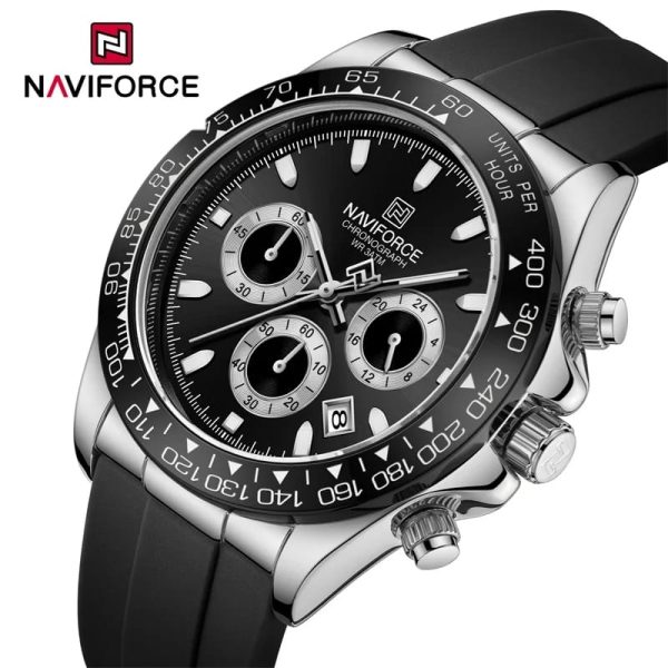 NaviForce NF8054 Luxury Fashion Chronograph Date Display Silicon Strap Watch For Men - Black