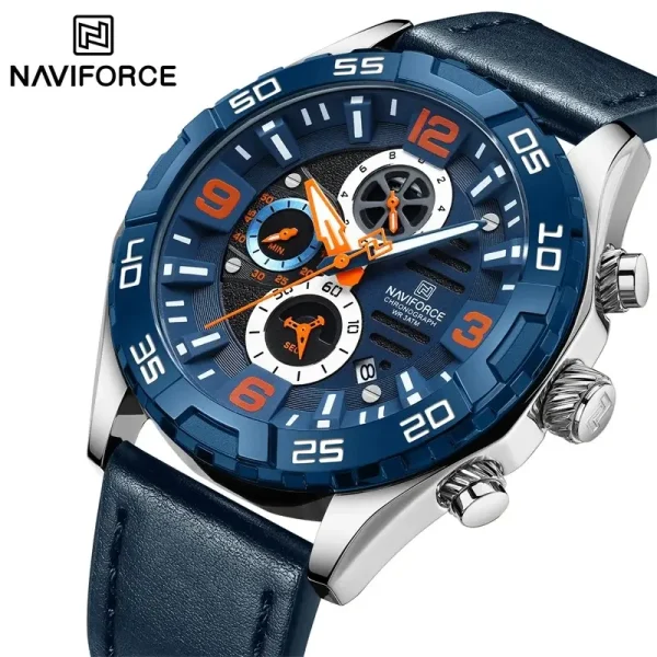 NaviForce NF8043 Fashion Chronograph Multifunction Date Display Leather Strap Watch For Men - Blue/silver