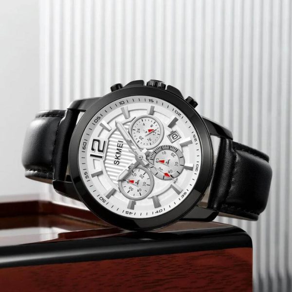 SKMEI 1989 Men's Business Chronograph Date Display Leather Strap Casual Quartz Watch - Silver/Black - Image 2