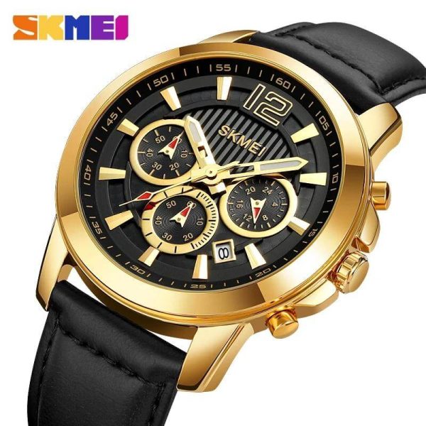 SKMEI 1989 Men's Business Chronograph Date Display Leather Strap Casual Quartz Watch - Golden/Black