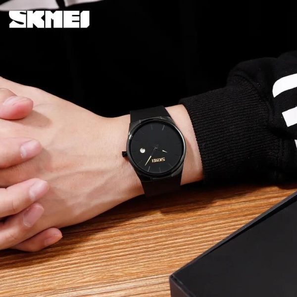 SKMEI 1509 Casual Super Slim Dial Date Display Silicon Strap Quartz Watch For Men - Black - Image 2