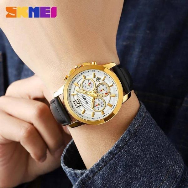 SKMEI 1989 Men's Business Chronograph Date Display Leather Strap Casual Quartz Watch - White/Golden - Image 2