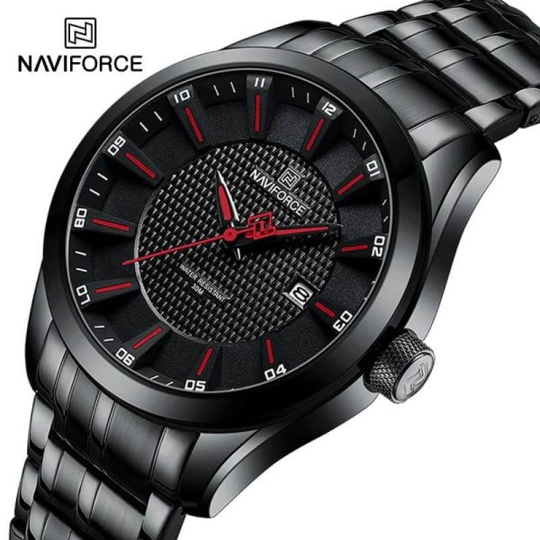 NaviForce NF8032 Men's Simple Casual Textured Bezel Layered Dial Stainless Steel Watch - Red/Black