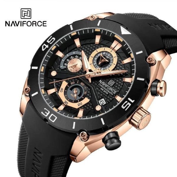 NaviForce NF8038 Luxury Fashion Multi Function Sports Chronograph Silicon Strap Watch For Men - Rosegold/Black