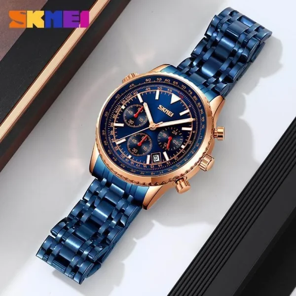 SKMEI 9333 Men's Business Classic Multifunction Luminous Stainless Steel Date Display Watch - Blue/RoseGold - Image 2