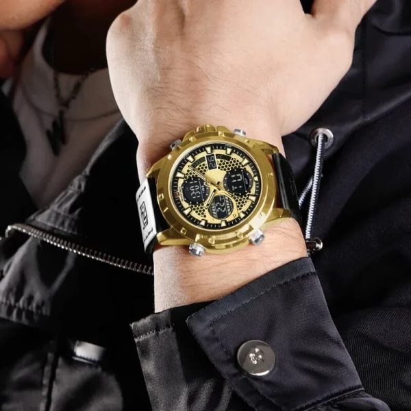 NaviForce NF9225 Men's Fashion Double Display Multifunction Luminous Leather Strap Watch - Golden/Black - Image 2