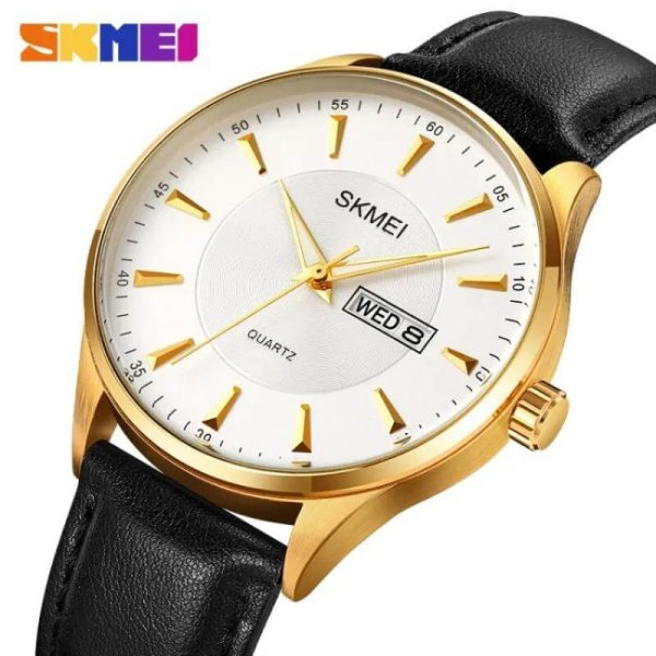 SKMEI 2075 Simple Elegant Quartz Date Day Display Leather Strap Watch For Men - Golden/Silver