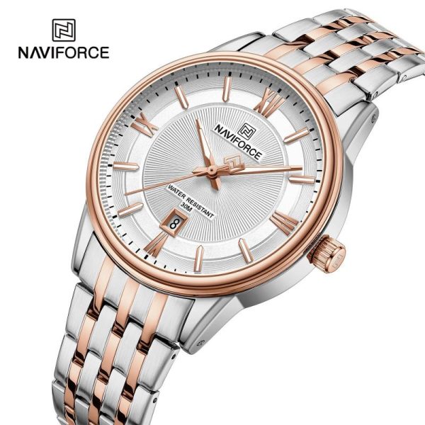 NaviForce NF8040 Classic Luxury Quartz Date Display Stainless Steel Watch For Men - White/Rosegold