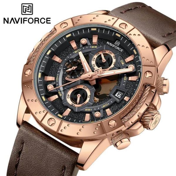 NaviForce NF8055 Men's Multifunction Chronograph Date Display Leather Strap Watch - Rosegold/Brown