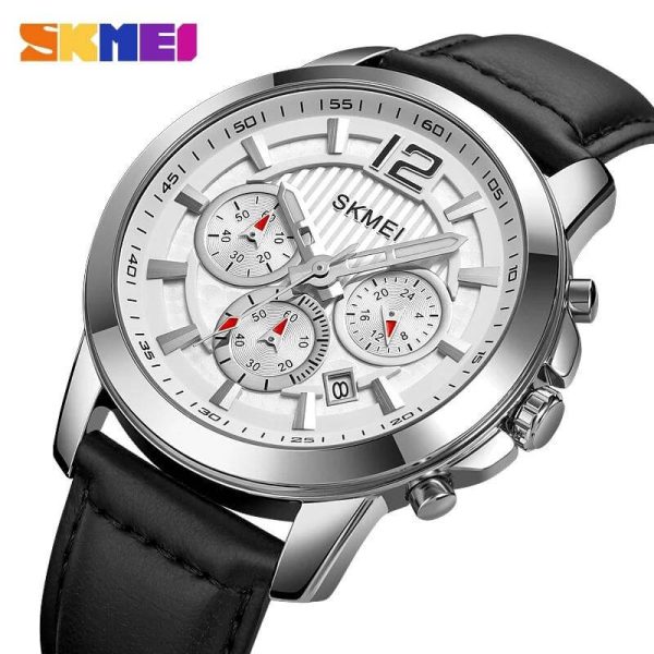 SKMEI 1989 Men's Business Chronograph Date Display Leather Strap Casual Quartz Watch - Silver/Black