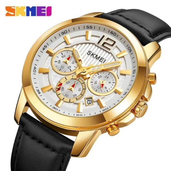 SKMEI 1989 Men's Business Chronograph Date Display Leather Strap Casual Quartz Watch - White/Golden