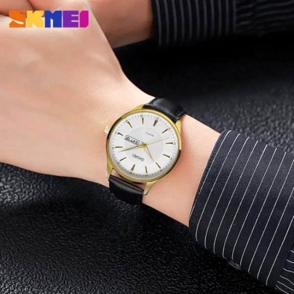 SKMEI 2075 Simple Elegant Quartz Date Day Display Leather Strap Watch For Men - Golden/Silver - Image 2