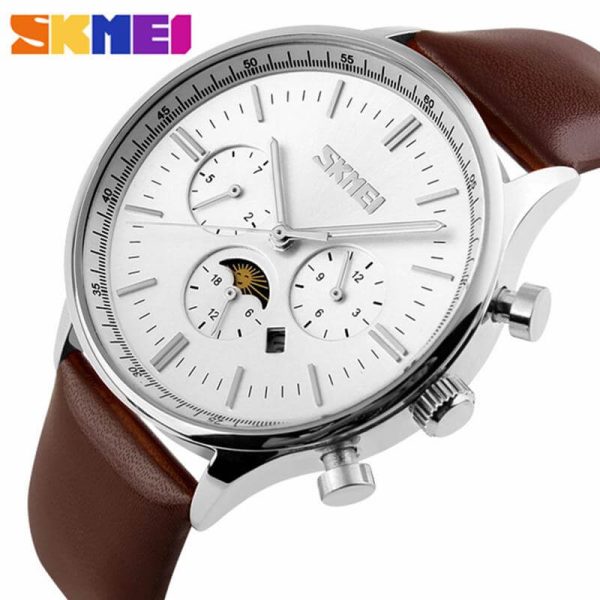 SKMEI 9117 Men's Business Elegant Chronograph Moonphase Complete Calendar Leather Strap Watch - Silver/Brown