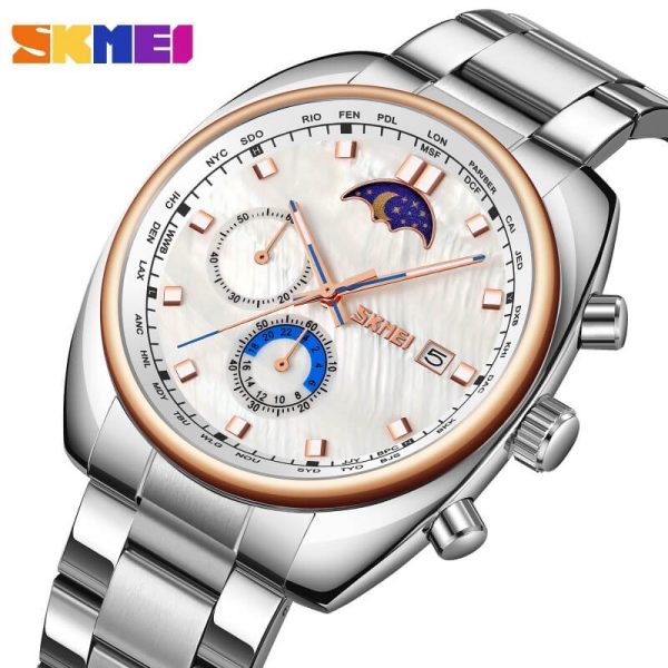 SKMEI 9325 Men's Business Moon Phase Chronograph Luminous Pointer Date Display Stainless Steel Watch - Rosegold/Silver