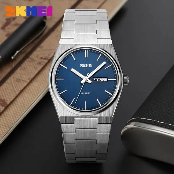 SKMEI 9288 Business Day Date Display Casual Stainless Steel Quartz Watch For Men - Blue/Silver - Image 3