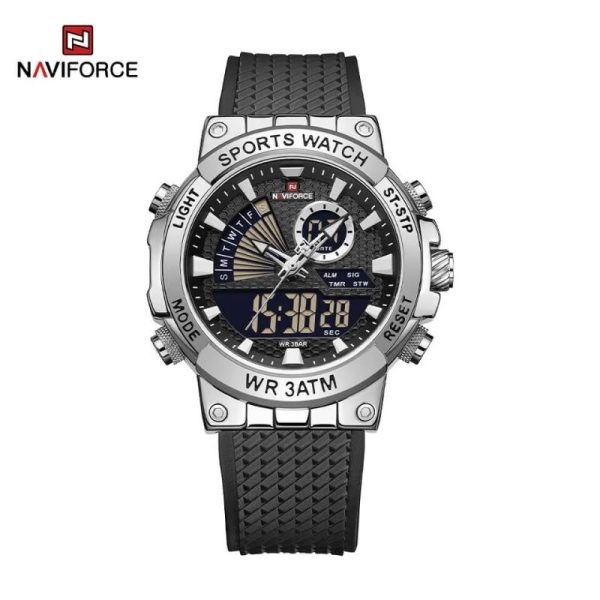 NaviForce NF9219 Dual Display Polygonal Case Analog Digital Silicon Strap Watch For Men - Silver/Black - Image 2