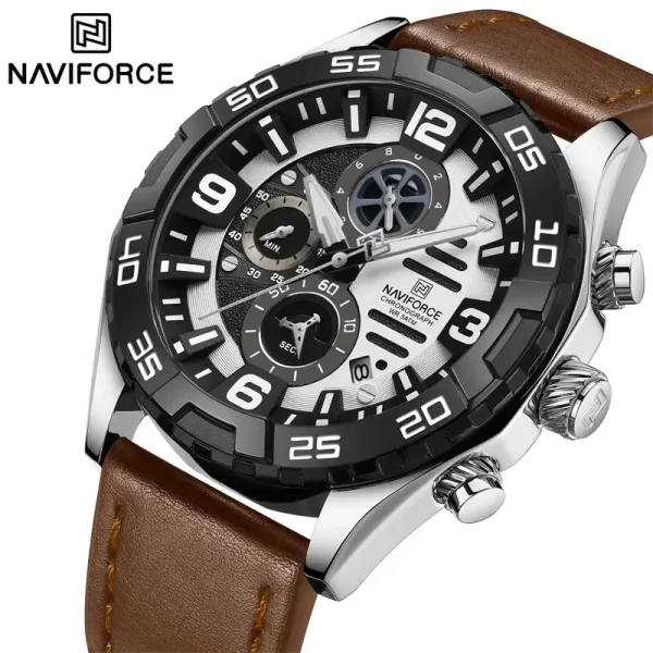 NaviForce NF8043 Fashion Chronograph Multifunction Date Display Leather Strap Watch For Men - White/Brown