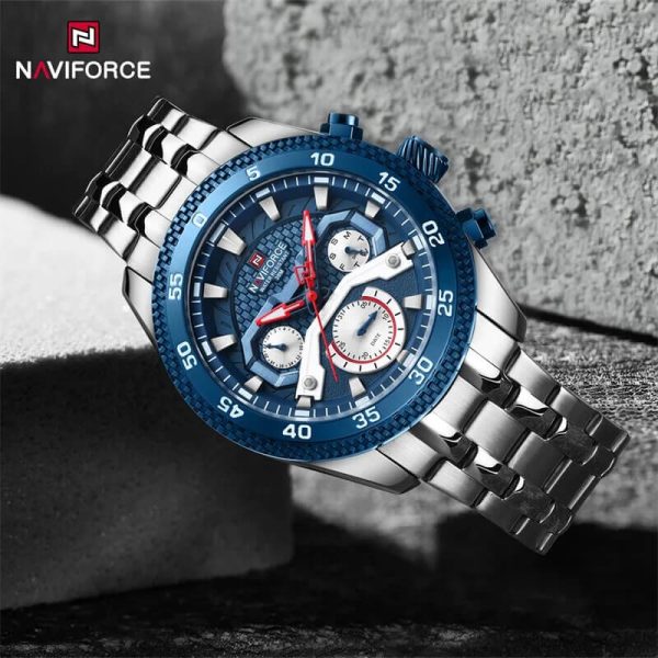 NaviForce NF9222 Men's Sports Fashion Quartz Lumnious Date Day Display Stainless Steel Watch - Blue/Silver - Image 2