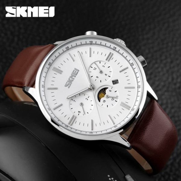 SKMEI 9117 Men's Business Elegant Chronograph Moonphase Complete Calendar Leather Strap Watch - Silver/Brown - Image 2