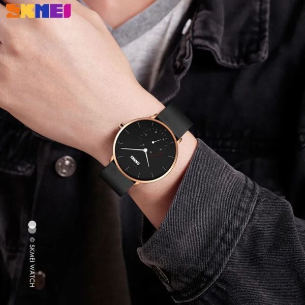 SKMEI 9213 Minimalist Quartz Classic Leather Casual Watch For Men - Black/RoseGold - Image 2