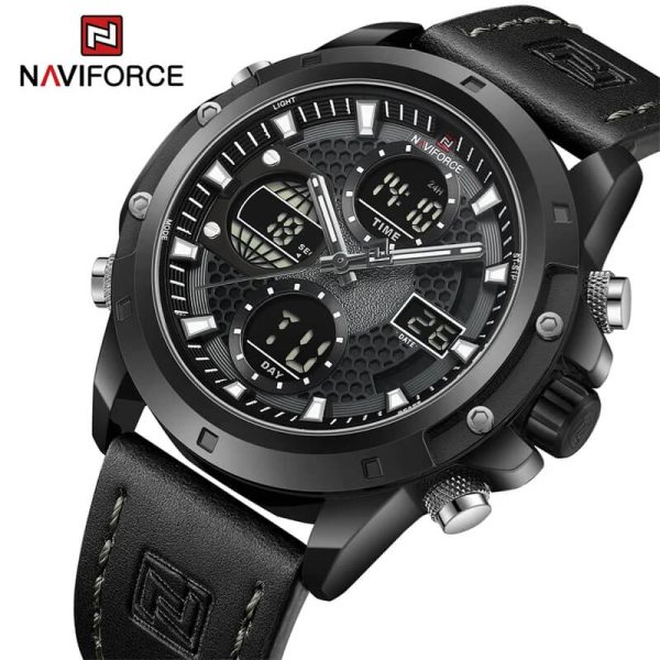 NaviForce NF9225 Men's Fashion Double Display Multifunction Luminous Leather Strap Watch - Black